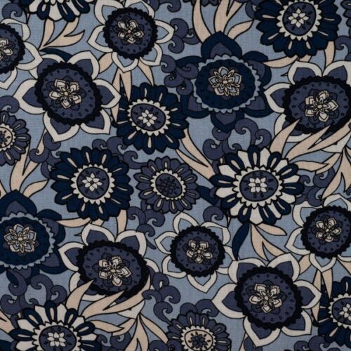 Hør viskose med 70'er blomster i denim og blå nuancer