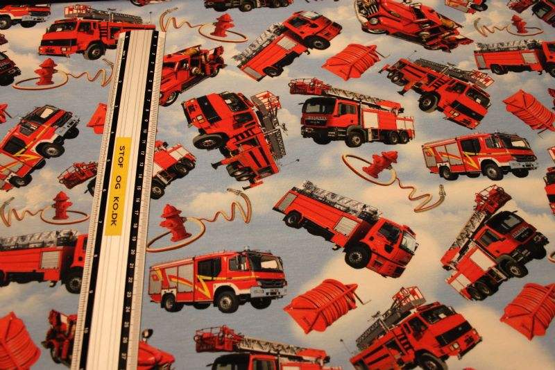 Blå med brandbiler på fast bomuld
