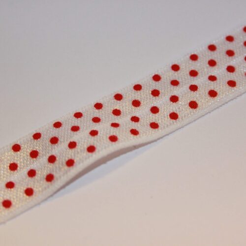 Hvid foldeelastik med røde prikker 15 mm