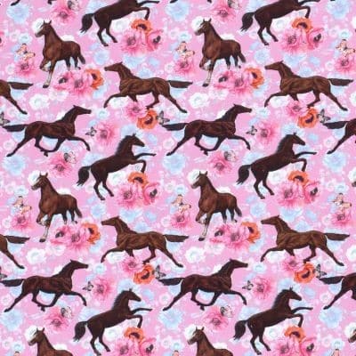Heste og blomster på pink french terry