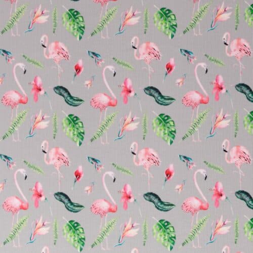 Blade og flamingoer på grå drop needle