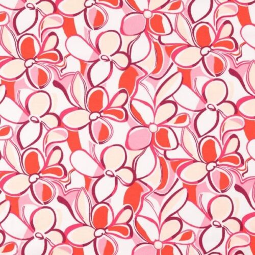 Røde og lyserøde retroblomster på hvid bomuldsjersey